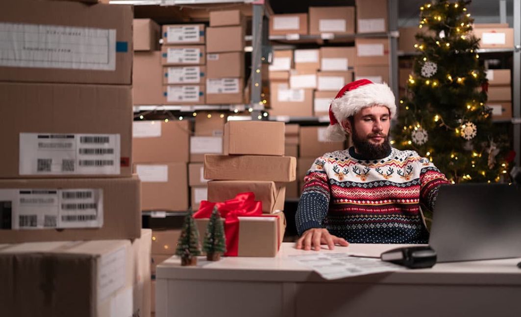 man in holiday attire reviewing inventory on POS system